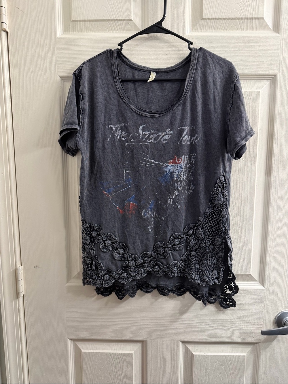Womens Washed Black Lace-Hem Graphic Tee